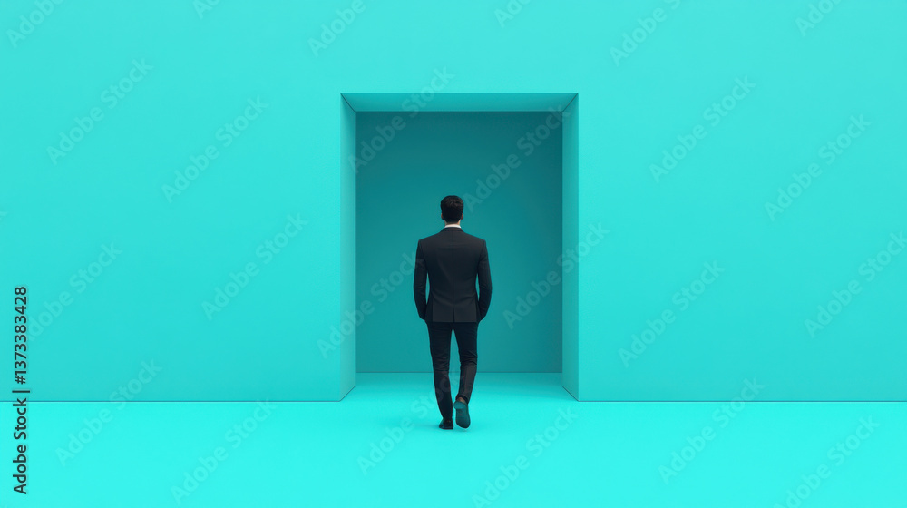 man in suit walks towards large open doorway in minimalist turquoise room symbolizing business growth and strategies for scaling team building man in suit walks towards large open doorway in minimalist turquoise room symbolizing business growth and strategies for scaling team building