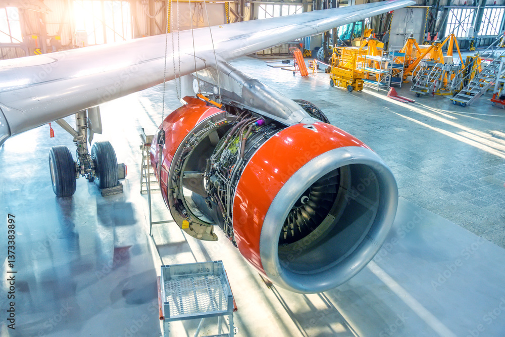 Φωτογραφία Open engine cowling of an airplane in a hangar, repair and maintenance in civil