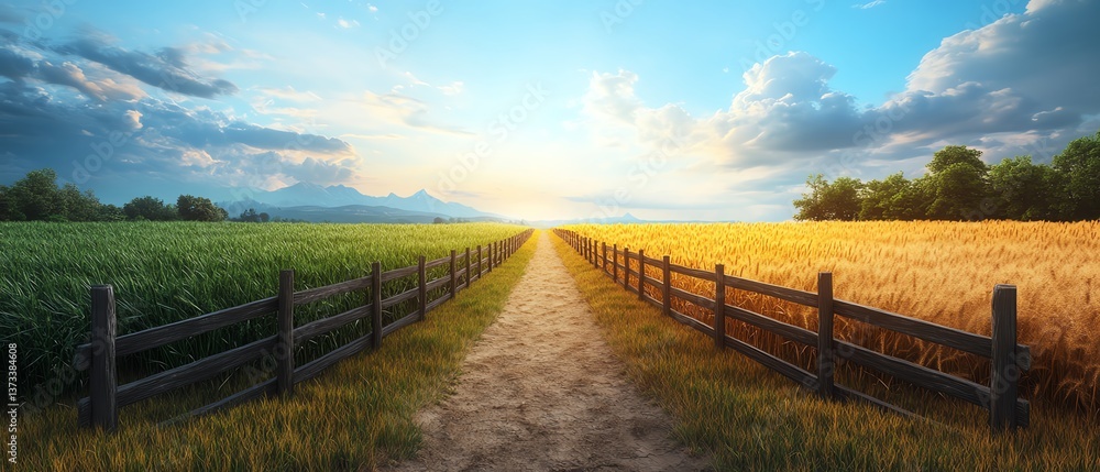 Fototapeta premium Illustration of two fields, separated by a wooden fence, one vibrant green and flourishing, the other dry and golden, with a pathway through the middle, ultrarealistic 8K render