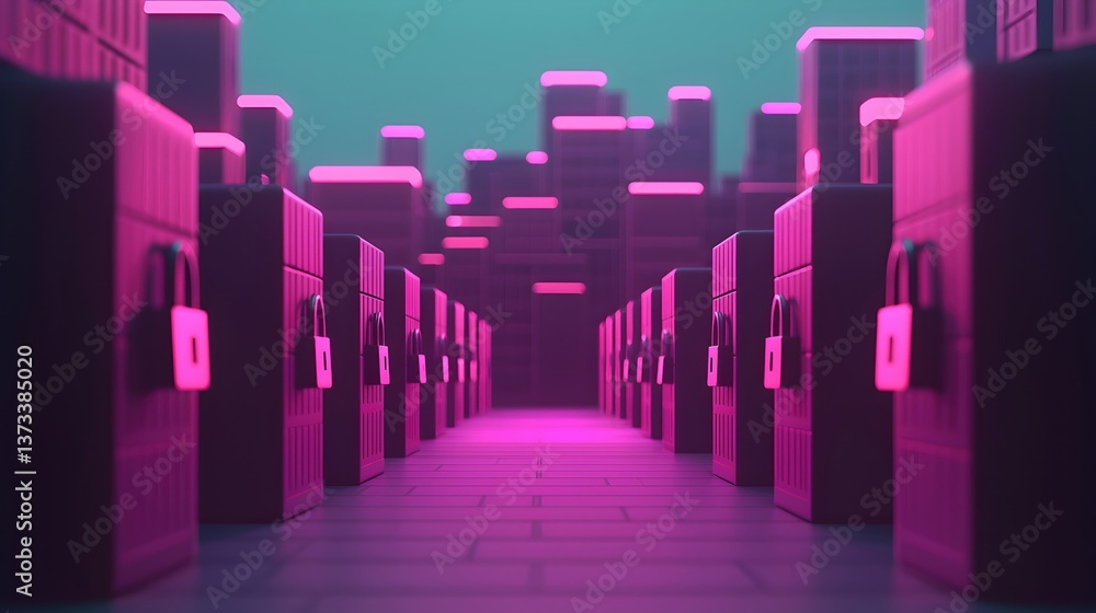 Digital Security Concept with Locked Data Storage in Neon Lights Digital Security Concept with Locked Data Storage in Neon Lights