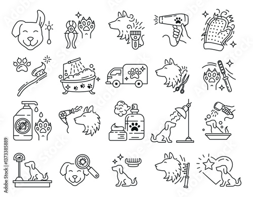 Pet grooming dog cleaning care hygiene service line art icon set vector illustration