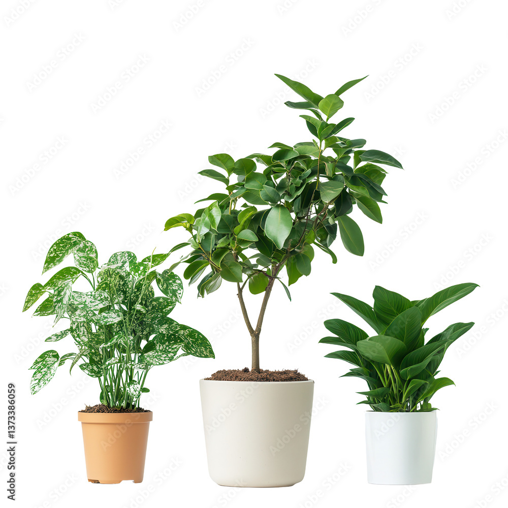 Fototapeta premium Trio of Thriving Plants: Showcasing a diverse arrangement of flourishing potted plants, each brimming with vibrant green foliage. This image captures the serenity and vitality of indoor gardening.