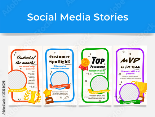 Best of month student customer employee social media stories design template set vector flat