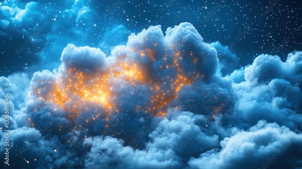 Fototapeta premium A dramatic cloud formation illuminated with fiery sparks, set against a deep blue sky, creating a captivating and otherworldly atmosphere.