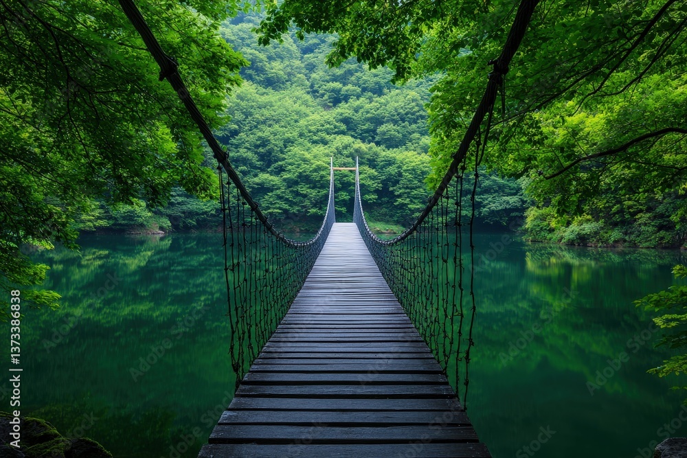 Fototapeta premium A serene view of a wooden suspension bridge crossing over a tranquil, green-tinted lake, surrounded by lush foliage and mountains.