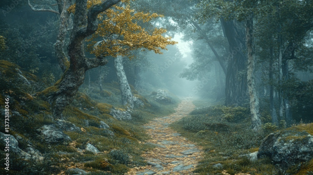 Obraz premium A serene forest pathway shrouded in mist, lined with trees and scattered leaves, evoking a sense of tranquility and exploration.