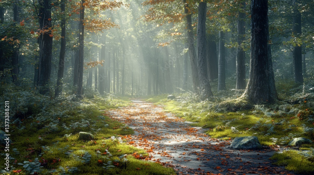 Fototapeta premium A serene forest path illuminated by soft sunlight filtering through leaves, creating a peaceful and enchanting atmosphere.