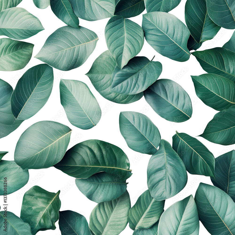 Obraz premium Green Leaves: A collection of vibrant green leaves, artfully arranged, showcasing the intricate textures and natural beauty. Capturing the essence of freshness and the serenity of nature.
