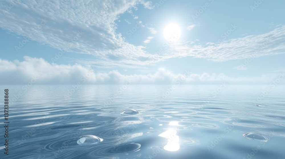 Obraz premium A tranquil scene featuring a serene ocean under a bright sun, with gentle waves and clouds reflecting a peaceful atmosphere.