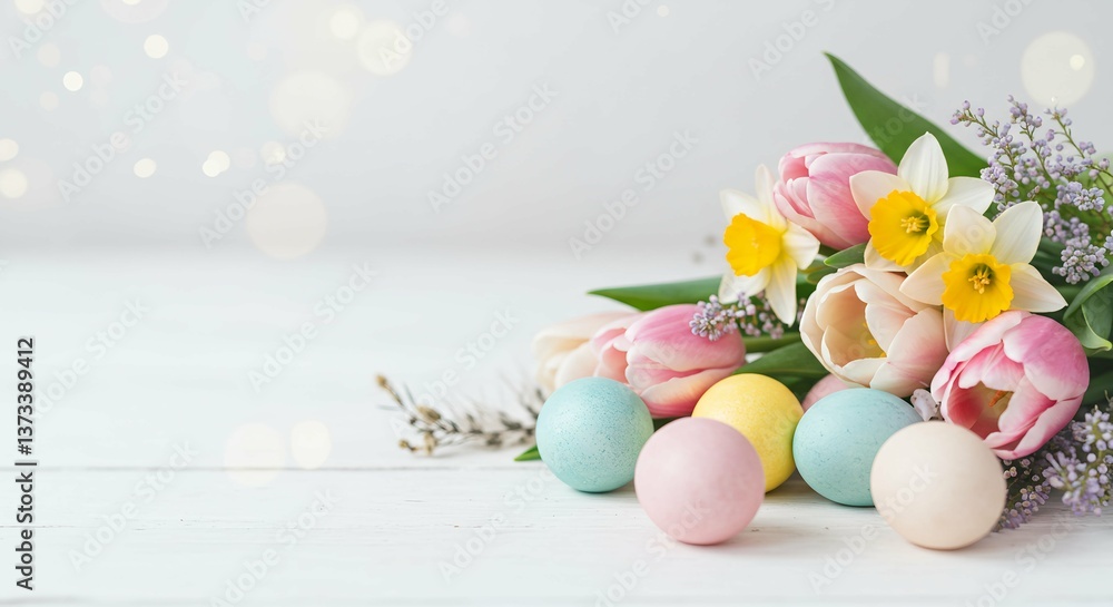 Pastel Easter Eggs and Spring Flowers Pastel Easter Eggs and Spring Flowers
