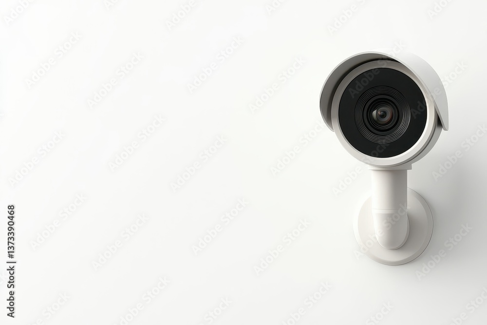 A modern security camera mounted on a plain white wall, emphasizing surveillance technology and minimalistic design. A modern security camera mounted on a plain white wall, emphasizing surveillance technology and minimalistic design.
