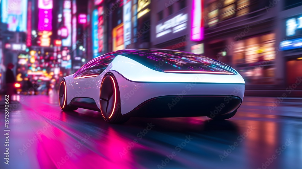 ESG, sustainability and innovation: A concept car powered by hydrogen fuel cells, sleek aerodynamic design, driving through a neon-lit smart city at night. ESG, sustainability and innovation: A concept car powered by hydrogen fuel cells, sleek aerodynamic design, driving through a neon-lit smart city at night.
