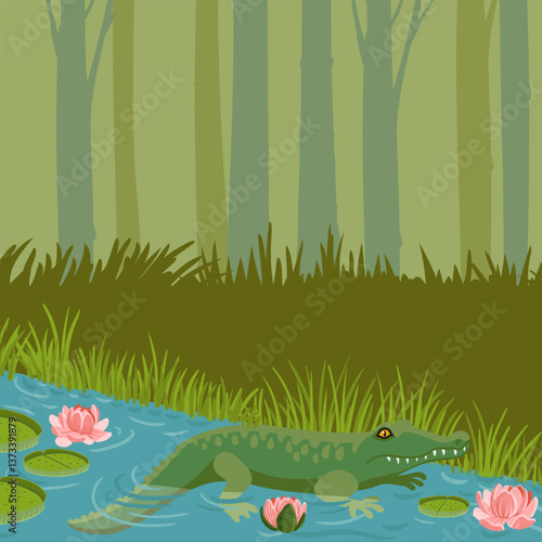 vector drawing rainforest landscape with spectacled caiman, jungle background,animal in nature, hand drawn illustration