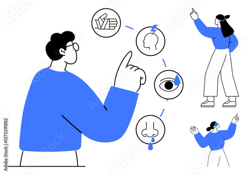People interacting with icons representing senses of touch, smell, sight, and hearing. Ideal for education, learning, communication, health awareness, user experience interaction flat simple