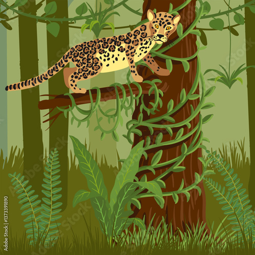 vector drawing rainforest landscape with jaguar at tree , jungle background,animal in nature, hand drawn illustration