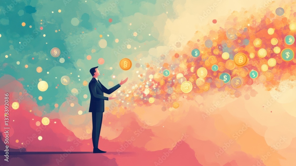 A businessman stands, releasing a stream of colorful coins, symbolizing wealth and financial growth against a vibrant, abstract background. A businessman stands, releasing a stream of colorful coins, symbolizing wealth and financial growth against a vibrant, abstract background.