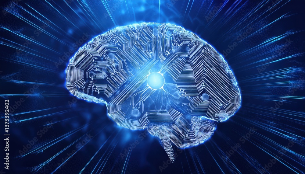 Semi-transparent ai brain with pulsating glowing synapses floating in deep blue digital background Semi-transparent ai brain with pulsating glowing synapses floating in deep blue digital background