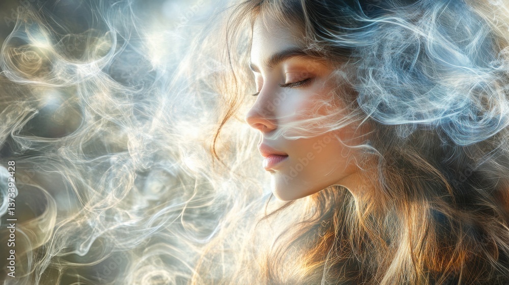 A serene portrait of a young woman surrounded by ethereal smoke, evoking a sense of tranquility and introspection. A serene portrait of a young woman surrounded by ethereal smoke, evoking a sense of tranquility and introspection.