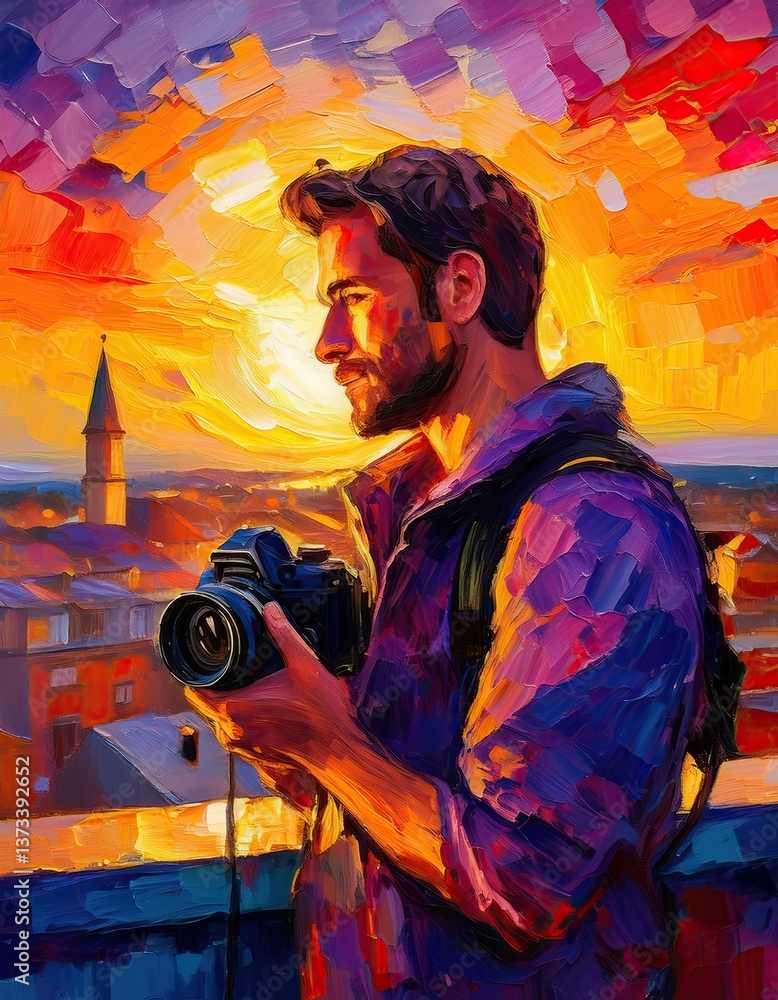Fototapeta premium Photographer Capturing Sunset Over Colorful City