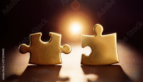Two golden puzzle pieces perfectly fitting together illuminated by soft spotlight symbolizing unity