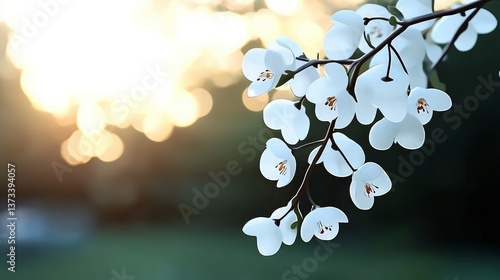 Serene Dawn  Blooming White Flowers  Soft Bokeh Lights  Nature Serenity