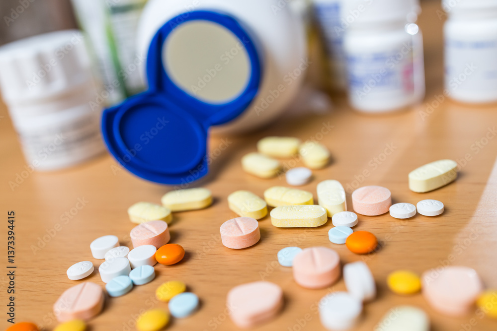 Various colorful medicine tablets on wooden table.