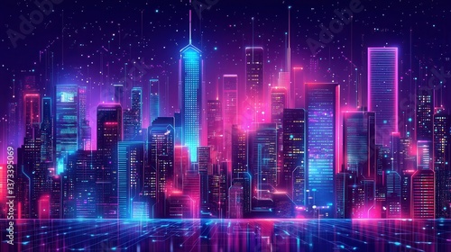 Wallpaper Mural A vibrant neon city skyline at night, showcasing towering skyscrapers illuminated with pink and blue lights against a starry background. Torontodigital.ca