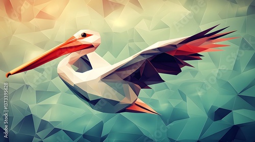 Whimsical geometric minimalist illustration of a pelican in motion showcasing the playfulness and freedom of flight