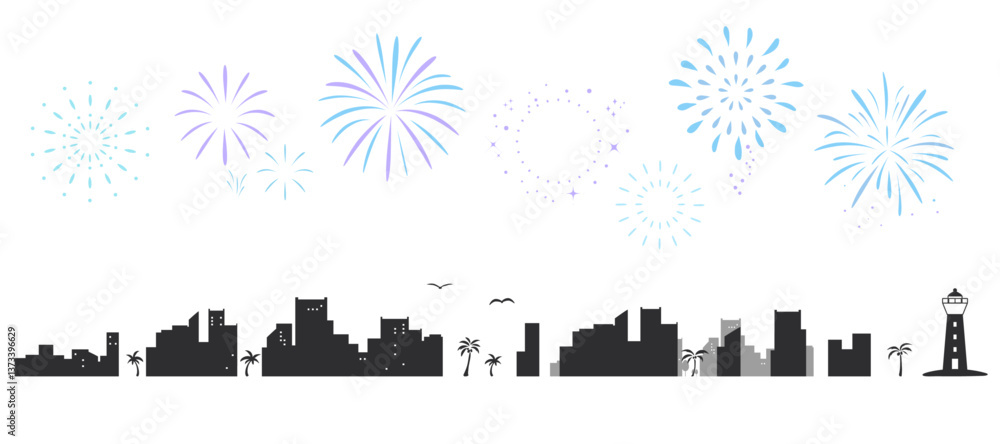 Fototapeta premium 海辺の街並みと花火のシルエットイラストのセット 背景イラスト 都市景観