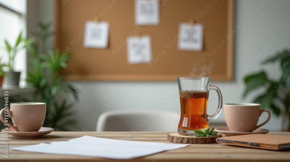 Fototapeta premium Morning office note-taking with tea calm workspace cozy environment productive viewpoint