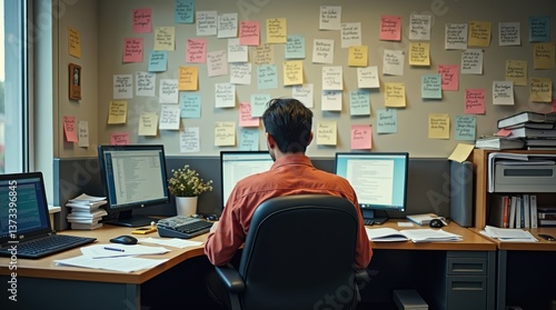Organized office space with notes workplace digital setup collaborative environment back view productivity concept