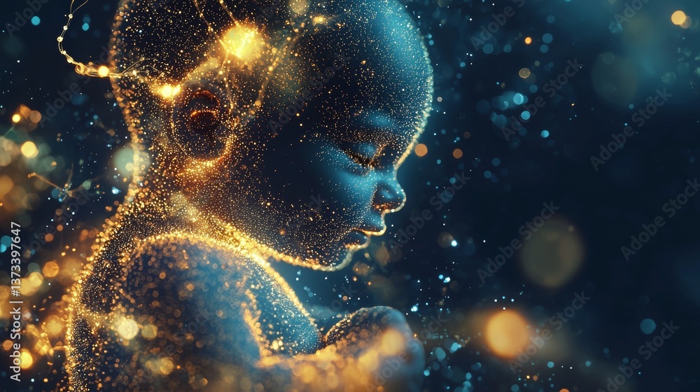 Baby Fetus with Golden Lights in Cosmic Space Baby Fetus with Golden Lights in Cosmic Space