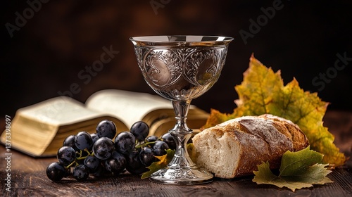 Chalice with Wine, Grapes, Bread and Bible on Table for Holy Week Feast