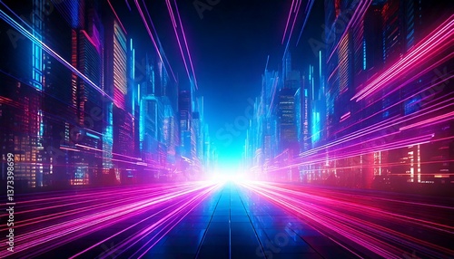 サイバーパンクの街並み、未来都市の夜景、ネオンライトの高速道路、光の軌跡が走る都市、近未来のテクノロジー空間、ピンクとブルーの都市風景、デジタル都市の遠近感、バーチャルシティの風景、SF映画のような街、未来的なスピード感
