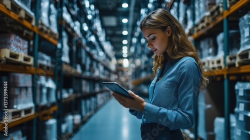 A woman interacts with a tablet in a warehouse, surrounded by shelves stocked with various items.