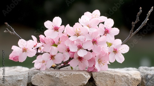 Delicate Pink Blossoms on Weathered Stone Wall