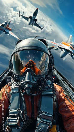Fighter pilot in cockpit, jets in flight, aerial view, stunning scene,  photo opportunity