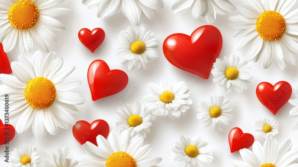 Obraz premium 85.Daisies and hearts seamless pattern. Chamomile flowers. Vector background