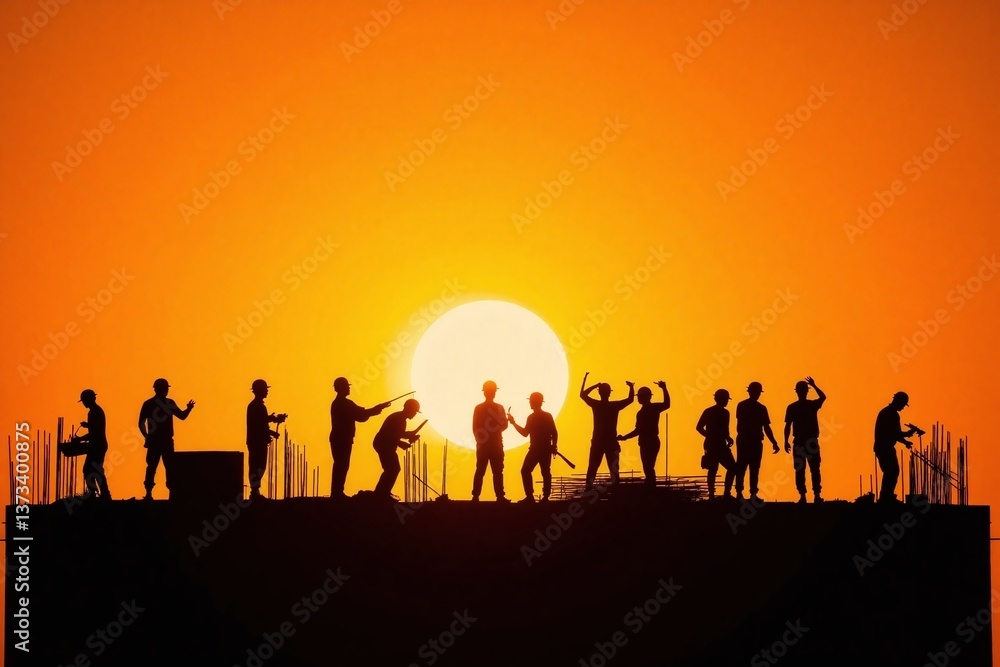 group of people working on a construction site at sunset group of people working on a construction site at sunset