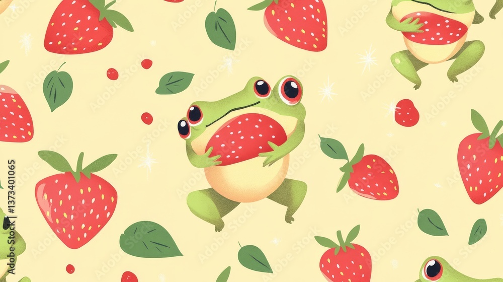 76.A cheerful pattern of cartoon frogs embracing strawberries, accented by little sparkles and leaves, forming a repeating layout on a soft pastel yellow canvas. 76.A cheerful pattern of cartoon frogs embracing strawberries, accented by little sparkles and leaves, forming a repeating layout on a soft pastel yellow canvas.