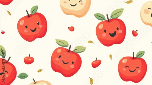 63.A playful design showcasing kawaii-style apples in various poses, each adorned with tiny leaves and cute facial expressions, arranged in a seamless layout on a light cream backdrop.