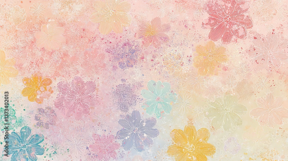 Obraz premium 57.A lively repeating design of colorful outlined flowers in varying sizes, paired with small dots and squiggles, creating a whimsical abstract texture on a soft pastel background.