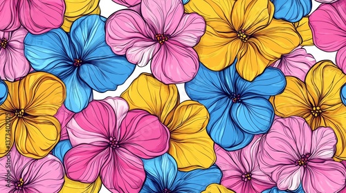 Wallpaper Mural 56.A seamless vector pattern featuring hand-drawn flowers in bright outline colors, including pink, yellow, and blue, arranged in a playful abstract layout on a white background. Torontodigital.ca