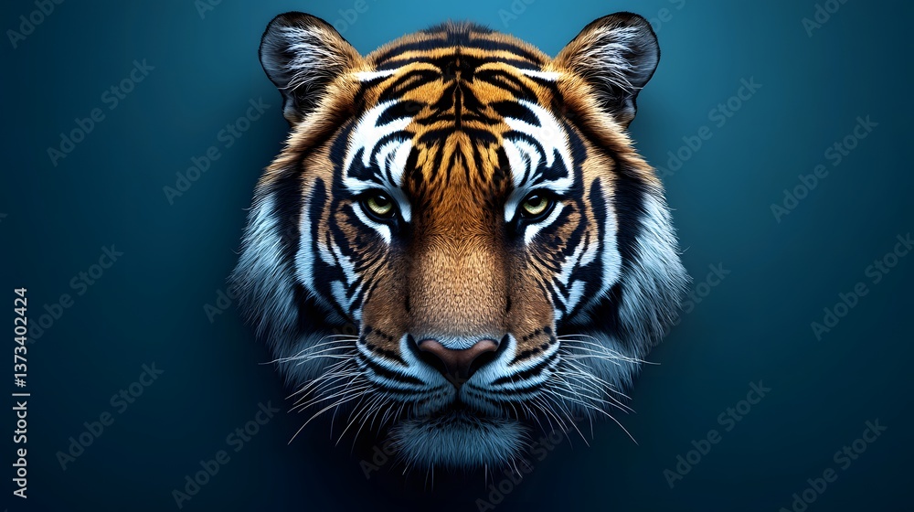 Fototapeta premium Fierce and majestic tiger's face illustrated in a minimalist geometric style with a realistic front view perspective