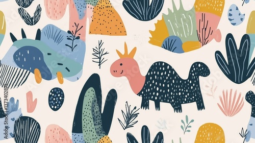 Fototapeta Naklejka Na Ścianę i Meble -  37.Hand drawn seamless pattern with dinosaurs and abstract shapes. Colorful Dino design. Perfect for kids fabric, textile, nursery wallpaper. Cute dino design. Vector illustration