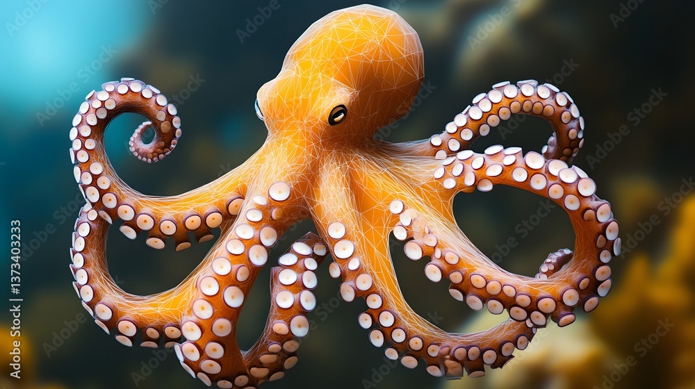 Obraz premium Elegant polygonal depiction of an octopus gracefully swimming in the ocean with a serene blue background