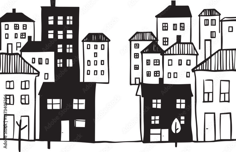 Obraz premium City landscape. Different buildings on street, outline cityscape hand sketch, flat houses. Hand drawn vector illustration