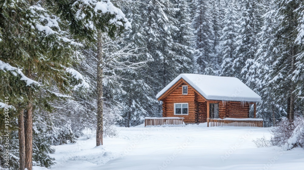 A charming log cabin nestled in a serene winter landscape, surrounded by snow-covered evergreen trees. The cabin features a cozy design with wooden logs, a sloped roof blanketed with snow, and icicles A charming log cabin nestled in a serene winter landscape, surrounded by snow-covered evergreen trees. The cabin features a cozy design with wooden logs, a sloped roof blanketed with snow, and icicles
