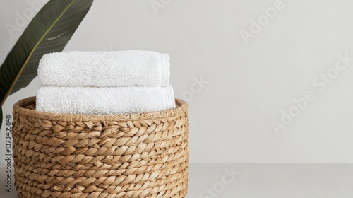 Spa like Bathroom  Fluffy White Towels in Wicker Basket
