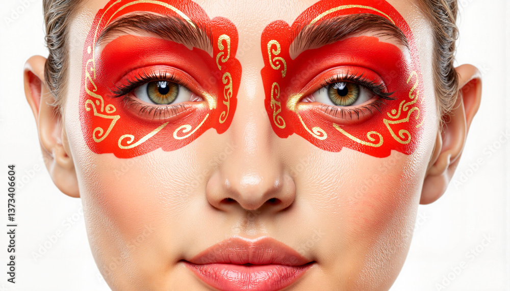 Obraz premium Woman with artistic red face paint displaying vibrant expression